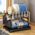 2-Layer Dish Drying Rack with Drip Tray - Black carbon steel holding plates, bowls, glasses and cutlery