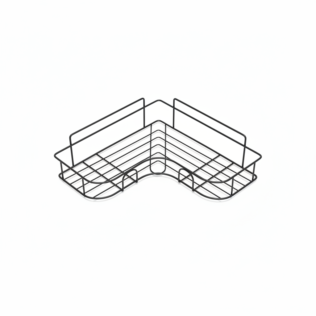 1pc Corner Wall Stick Organiser - Black Wire Shelf on White Background