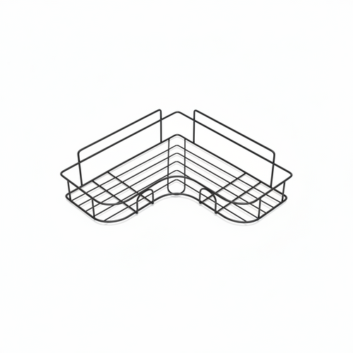 1pc Corner Wall Stick Organiser - Black Wire Shelf on White Background