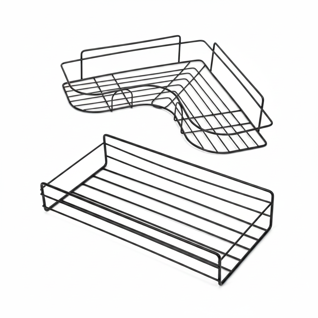 2pcs Wall Stick Organiser Set - Corner and Rectangular Wire Shelf on White Background
