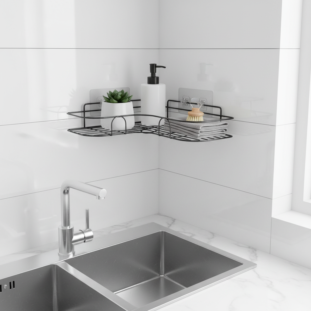 1pc Corner Wall Stick Organiser mounted in kitchen corner above sink