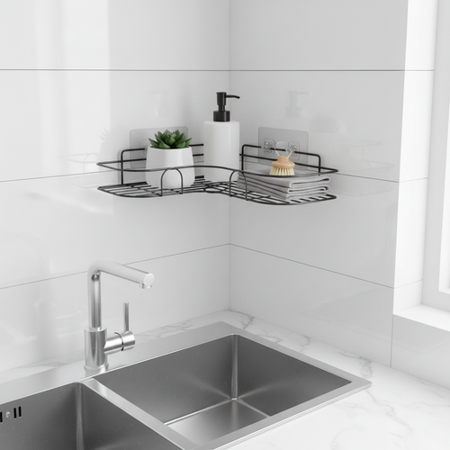 1pc Corner Wall Stick Organiser mounted in kitchen corner above sink