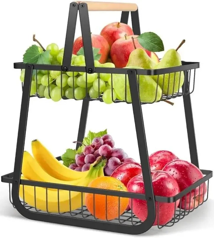 2-Tier Metal Wire Fruit Basket with Wooden Handle