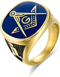 Masonic Brotherhood Illuminate Ring Gold Blue Enamel Square Compass Symbol