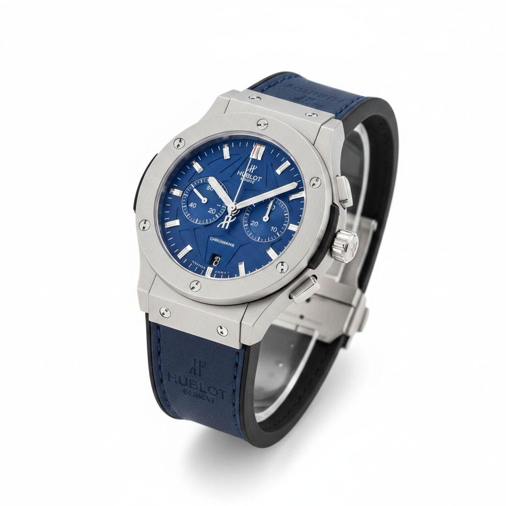 Hublot Classic Fusion Blue Chronograph Watch - Silver titanium case with blue dial and leather strap