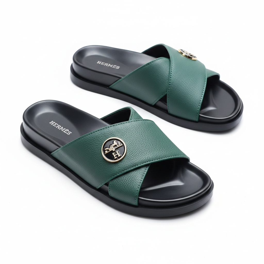 Green Saffiano Leather Crossband Slide Sandals