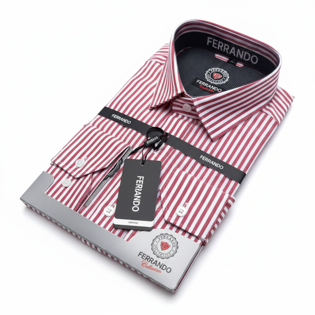 Ferrando Collection Red & White Striped Long Sleeve Dress Shirt