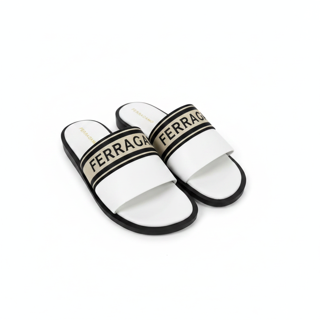 Ferragamo Logo Strap White Slide Sandals