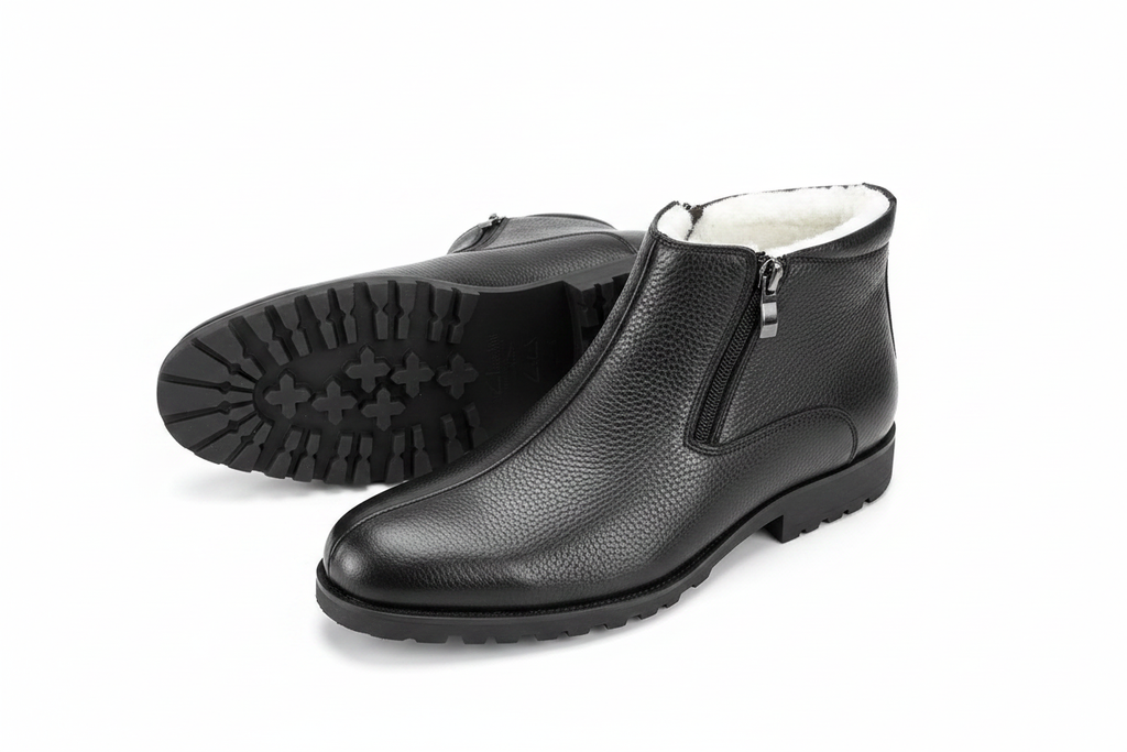 Black Leather Fleece-Lined Zip Ankle Boots