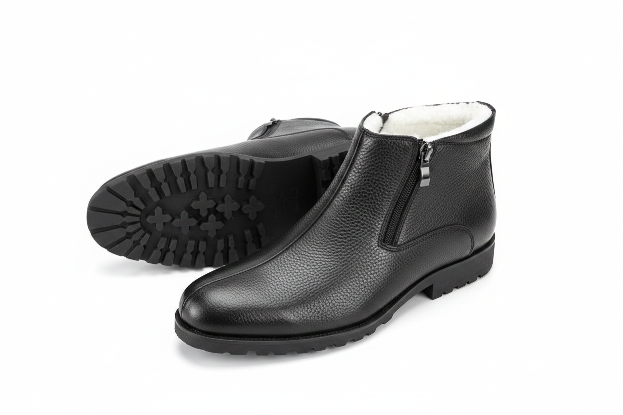 Black Leather Fleece-Lined Zip Ankle Boots