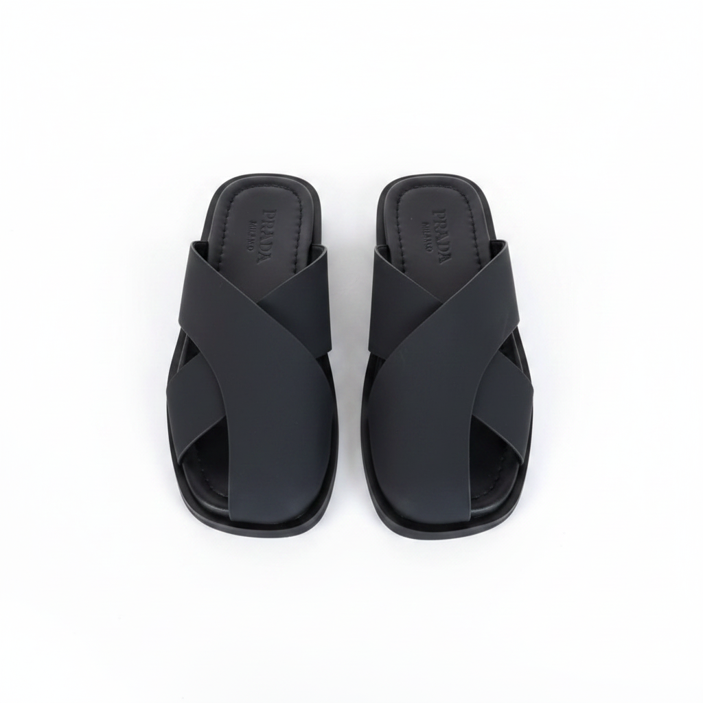 Prada Black Leather Crossband Slide Sandals