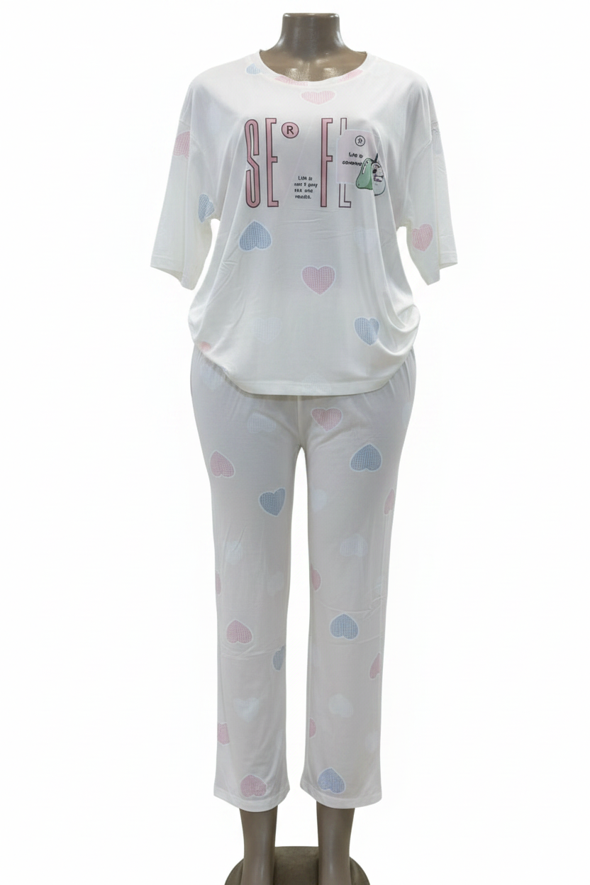 Ladies Heart Print Pajama Set – White