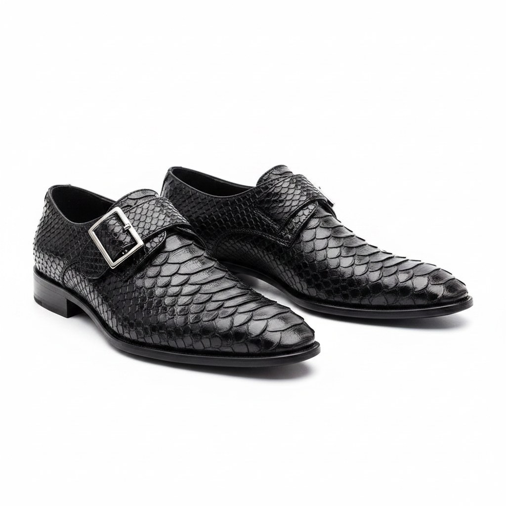 Black Python Skin Embossed Single Monk Strap Dress Shoes