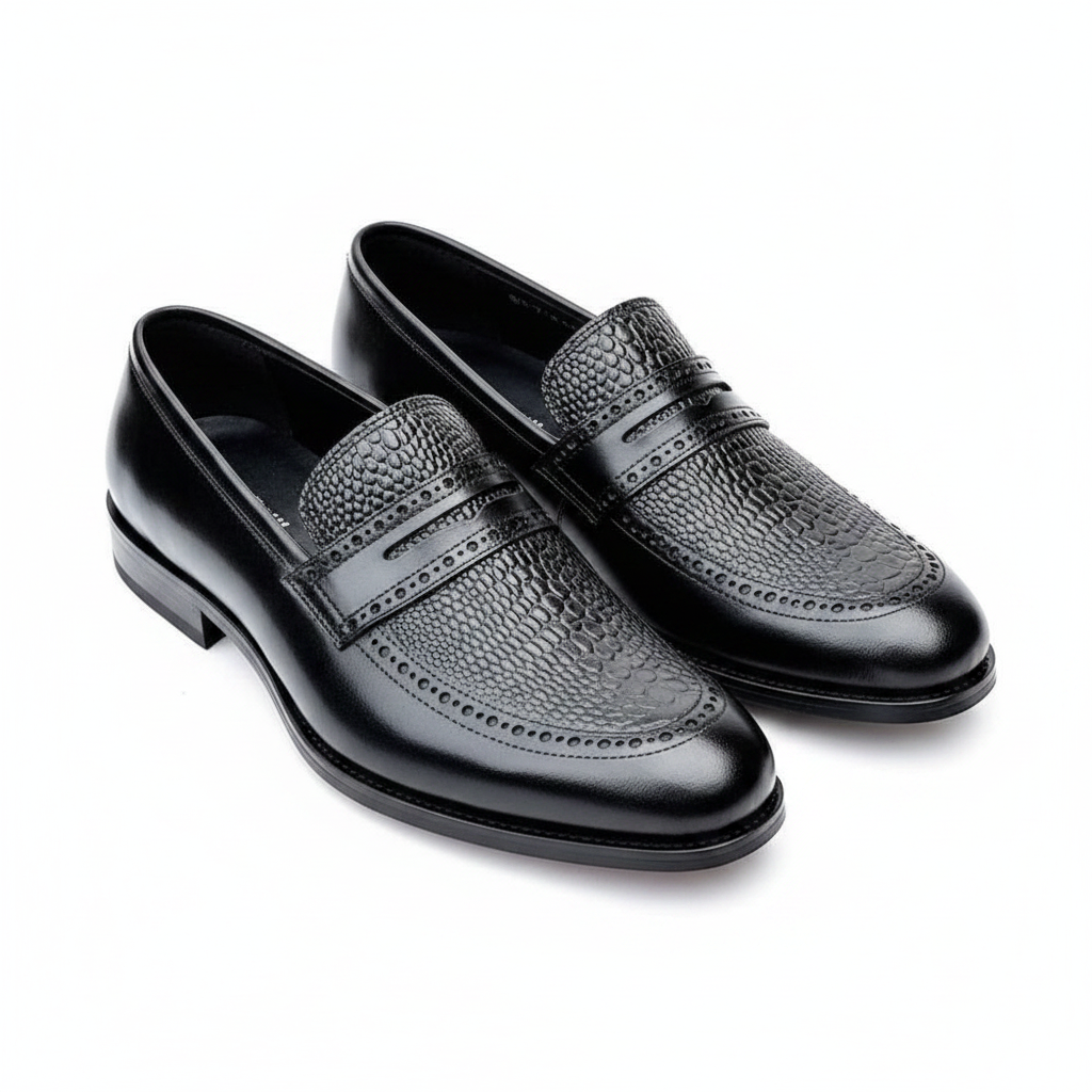 Black Crocodile Texture Brogue Loafer Dress Shoes