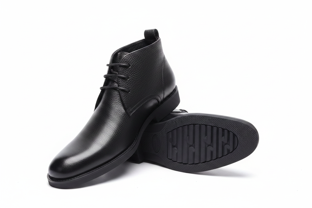 Black Pebbled Leather Lace-Up Pointed Toe Chukka Boots
