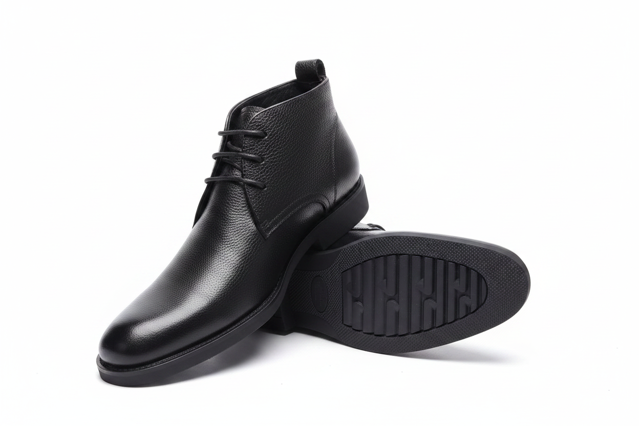 Black Pebbled Leather Lace-Up Pointed Toe Chukka Boots