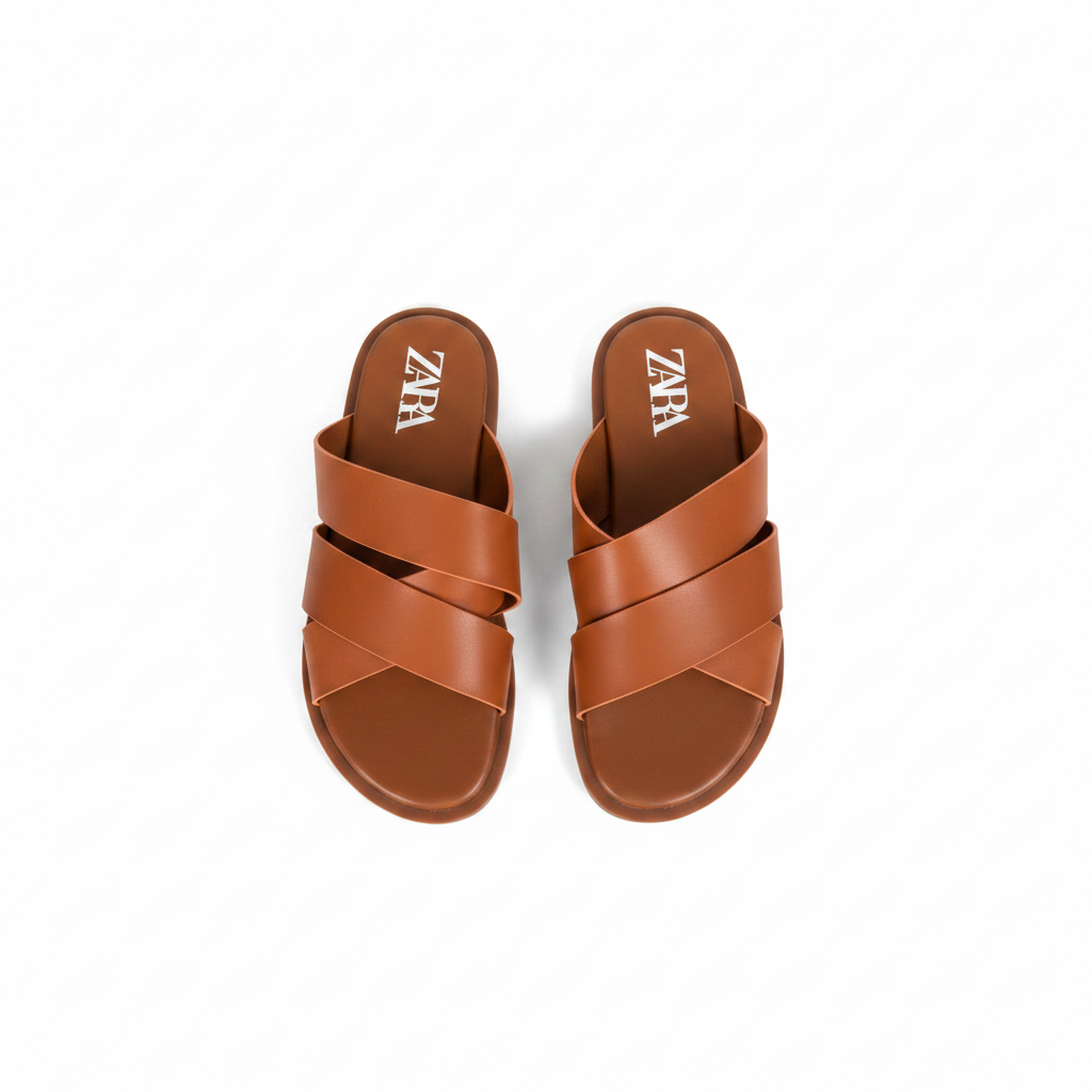 Zara Tan Leather Crossband Slide Sandals