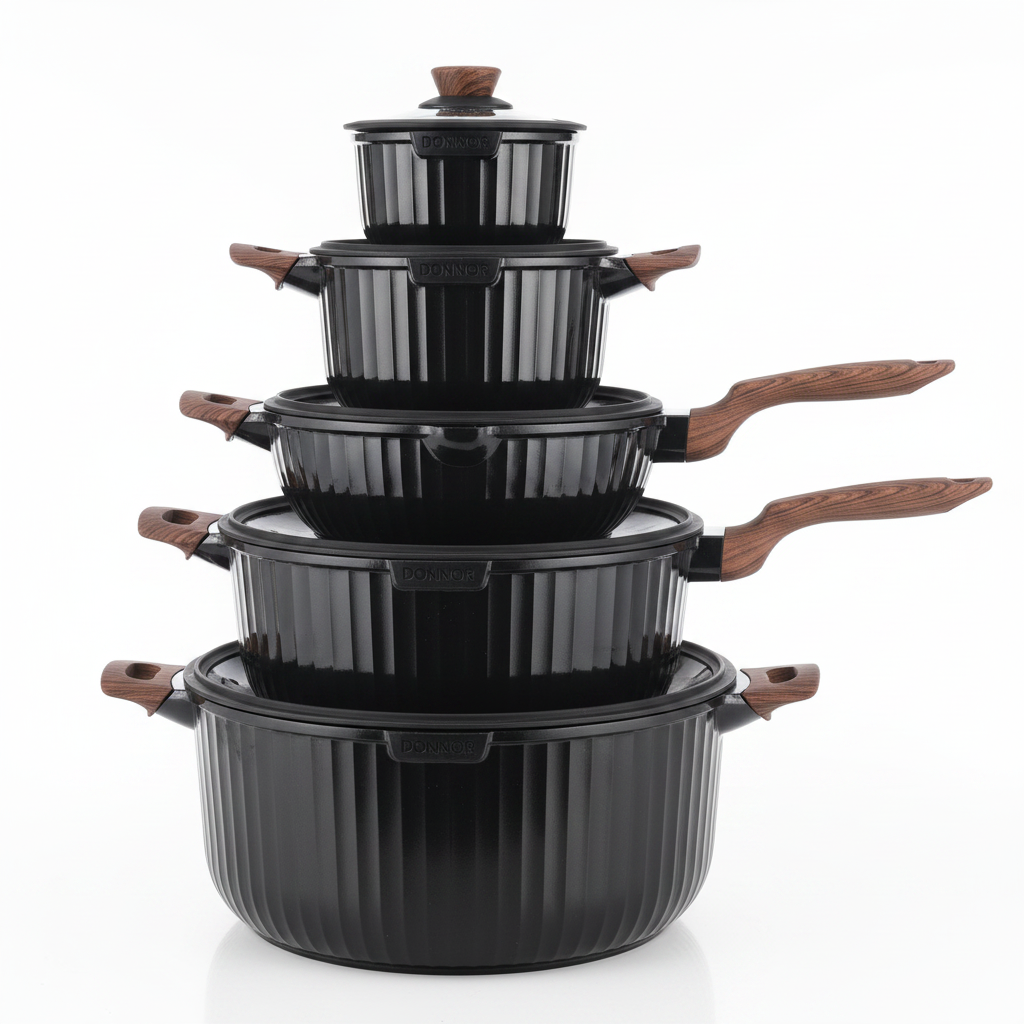 DONNOR Premium Black Glossy Ribbed Non-Stick Cookware Set with Wood-Effect Handles