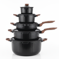 DONNOR Premium Black Glossy Ribbed Non-Stick Cookware Set with Wood-Effect Handles
