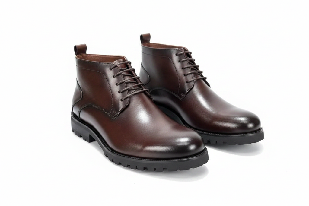 Dark Brown Burnished Leather Lace-Up Chukka Boots with Lug Sole