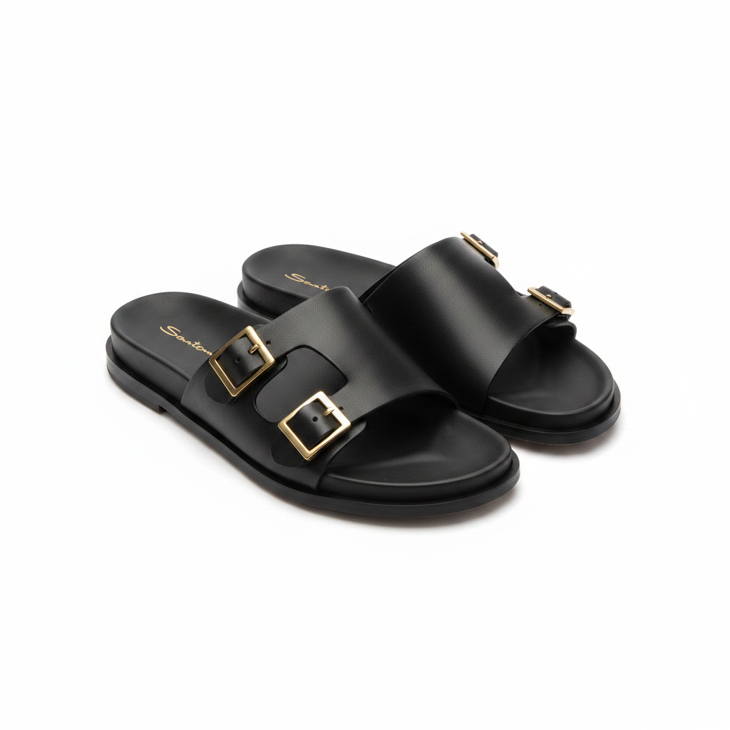 Santoni Black Leather Buckle Slide Sandals