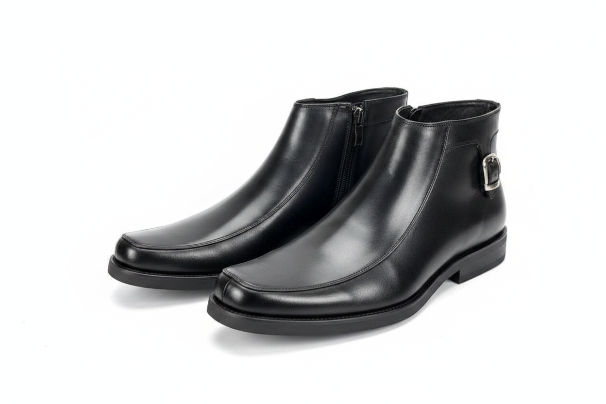 Black Leather Buckle Zip Ankle Boots