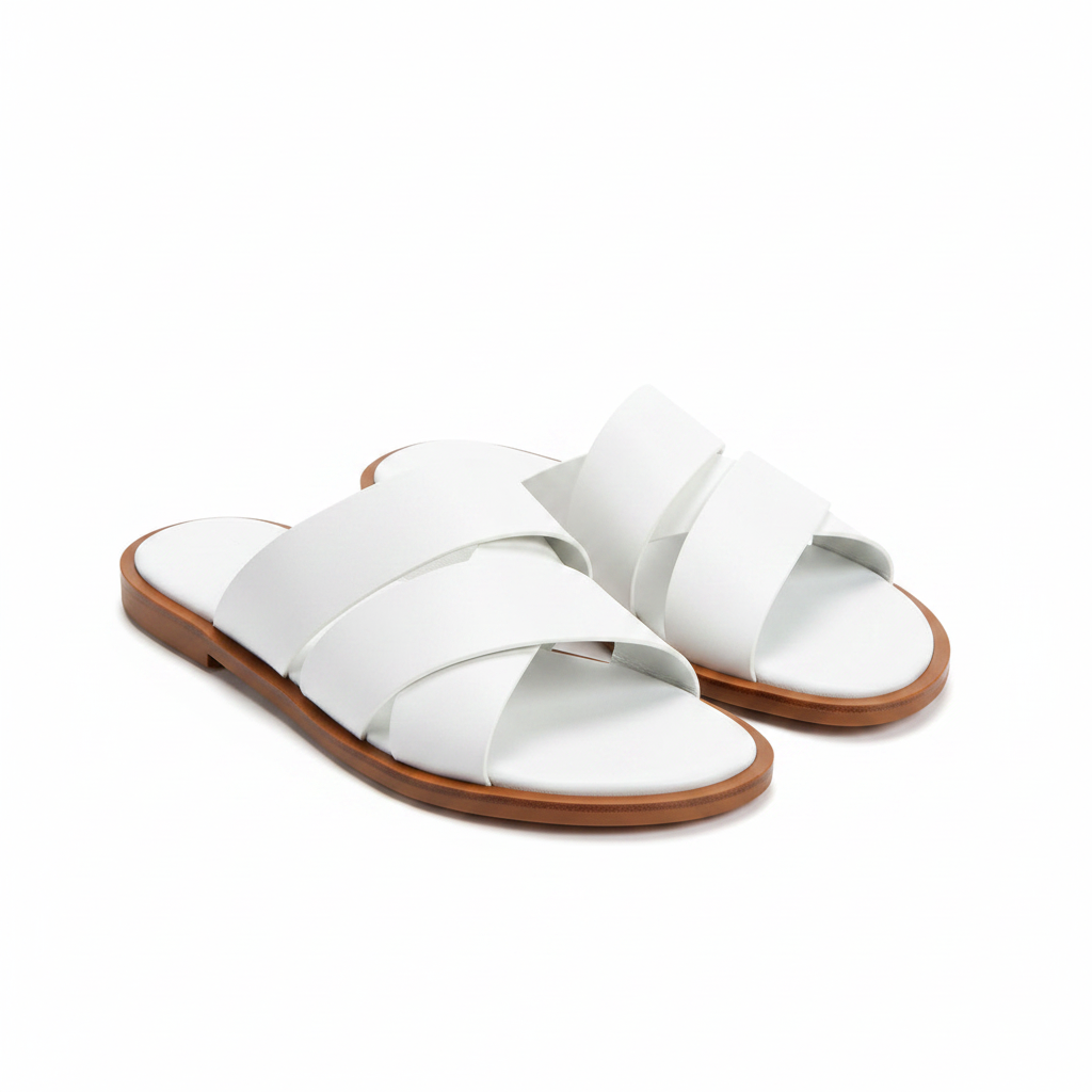Zara White Leather Crossband Slide Sandals