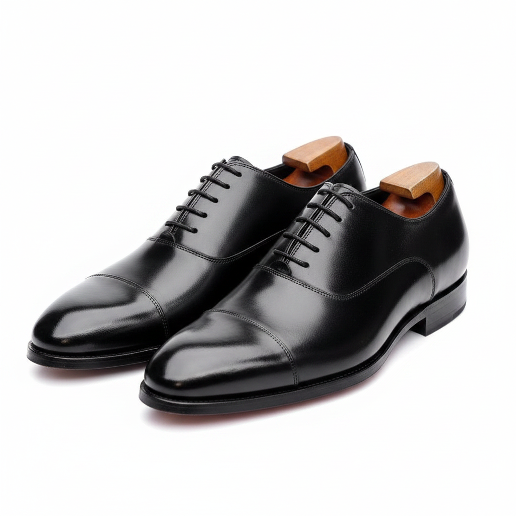 Black Burnished Leather Cap-Toe Oxford Dress Shoes