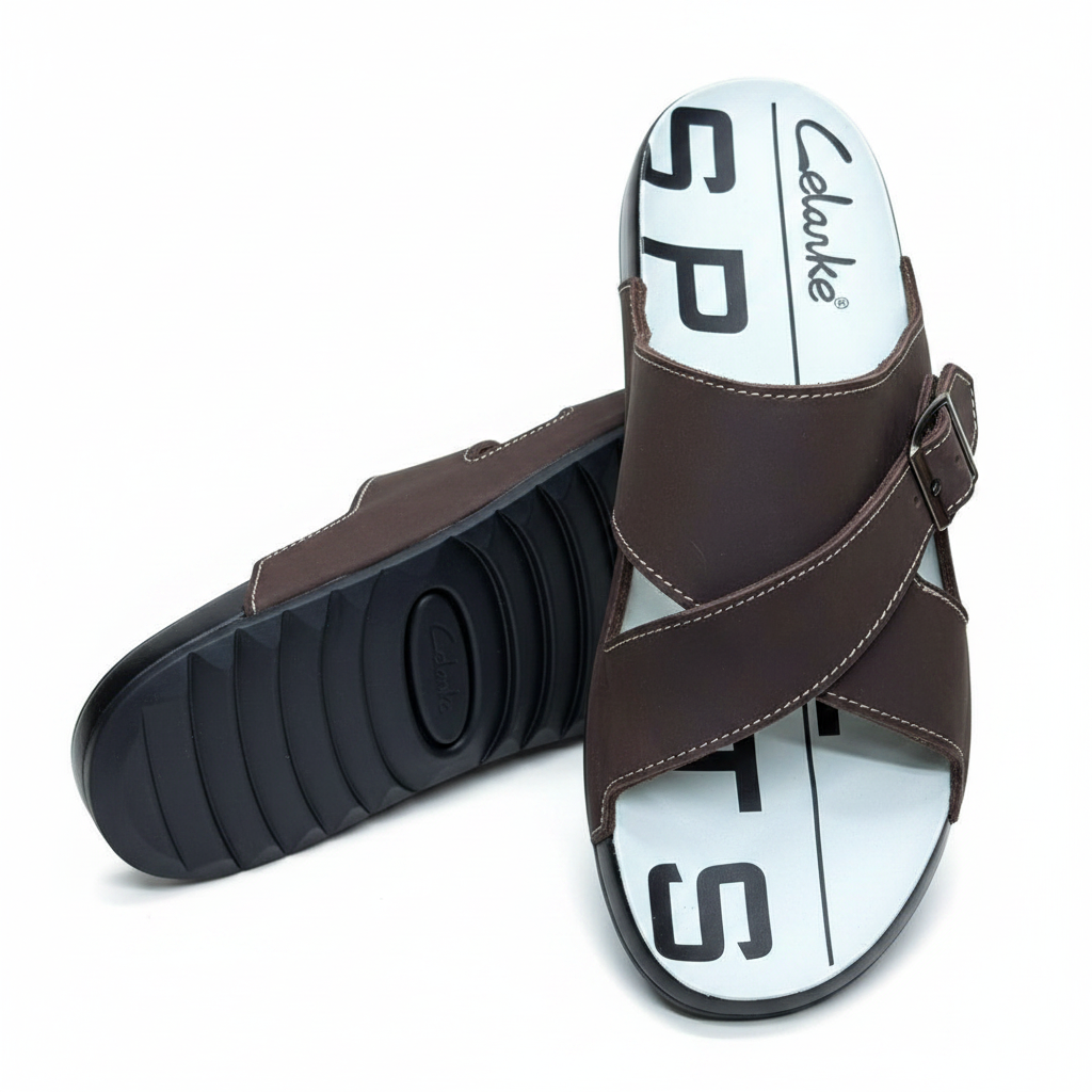 Clarks Men's Brown Cross-Strap Buckle Slide Sandals