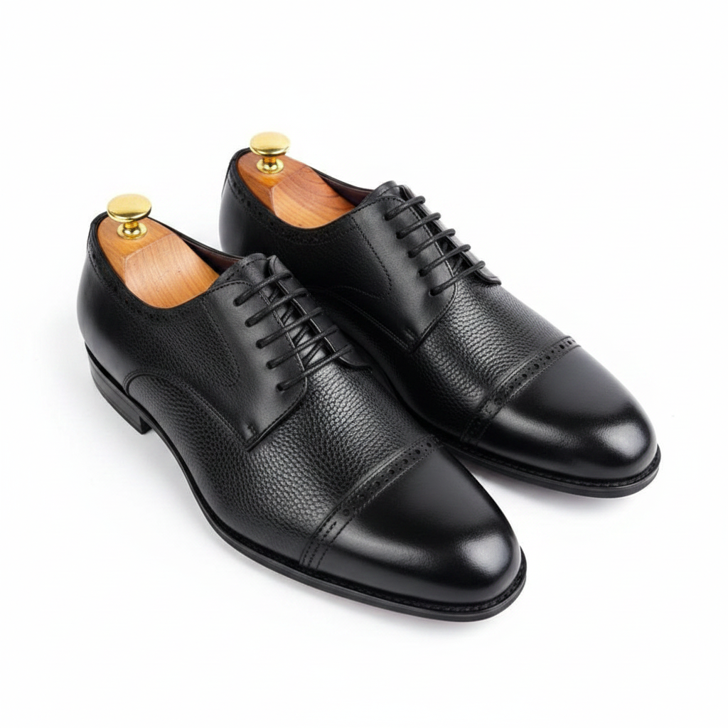 Black Pebbled Grain Brogue Cap-Toe Oxford Dress Shoes