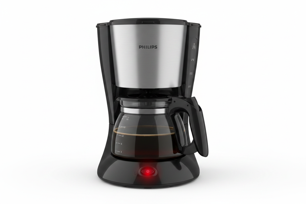 Philips coffee maker with aroma twister black stainless steel white background