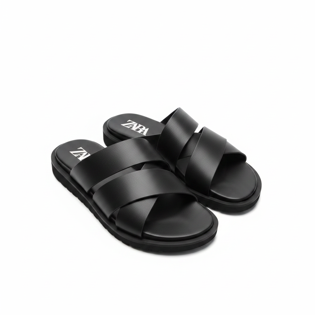 Zara Black Leather Crossband Slide Sandals