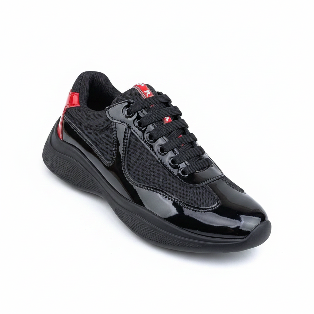 Black Patent Leather & Mesh Luxury Sneakers with Red Accent
