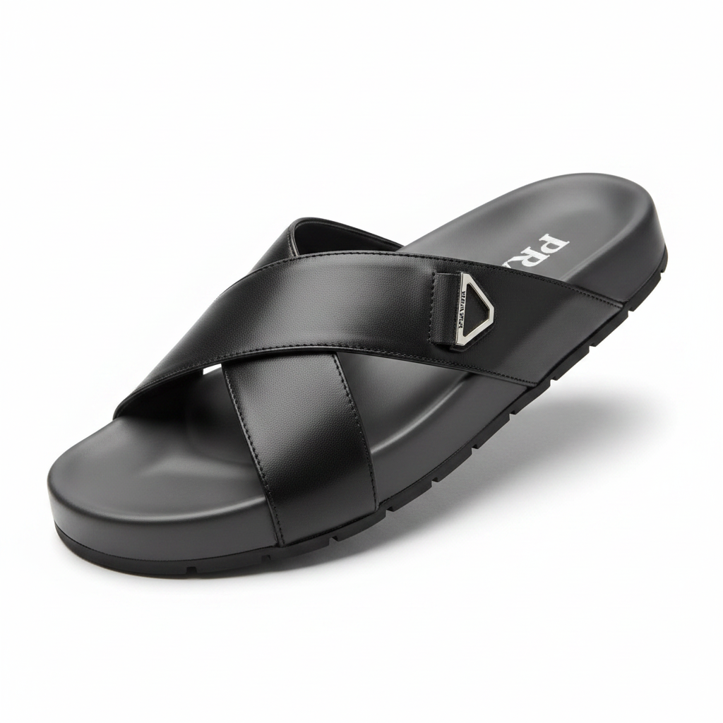 Prada Men's Black Cross-Strap Slide Sandals