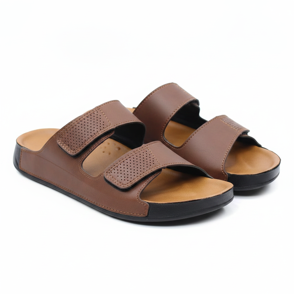 Men's Perforated Leather Double Velcro Strap Sandals