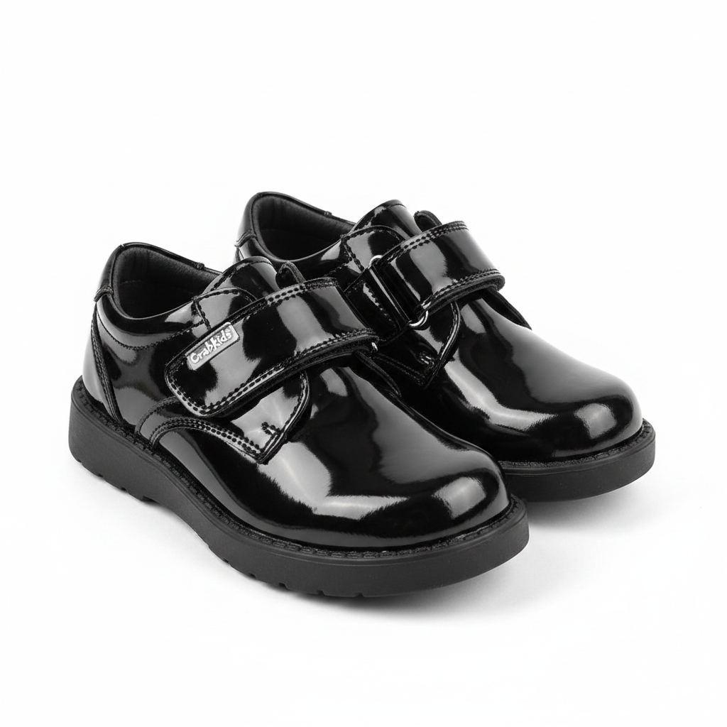 Crabkids Black Patent Velcro School Shoes