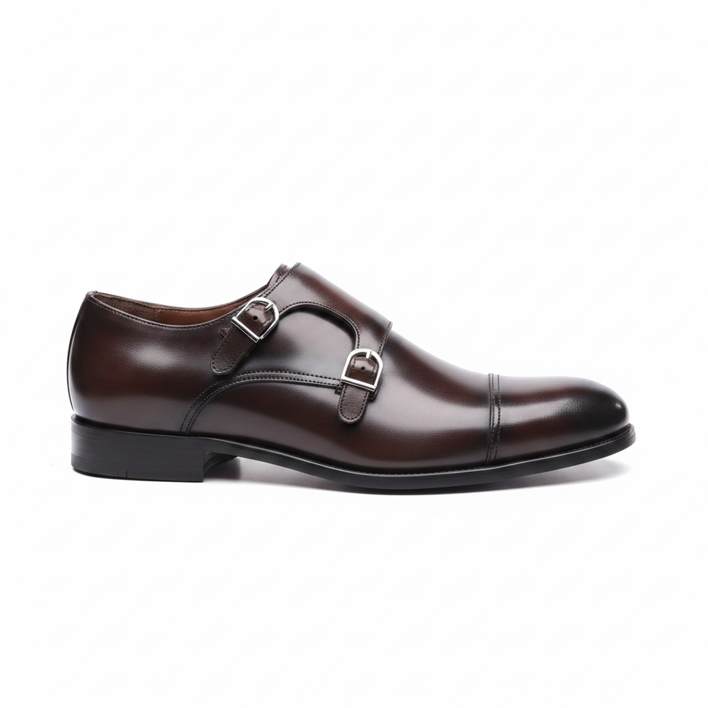 Dark Brown Leather Plain Cap Toe Double Monk Strap Shoes