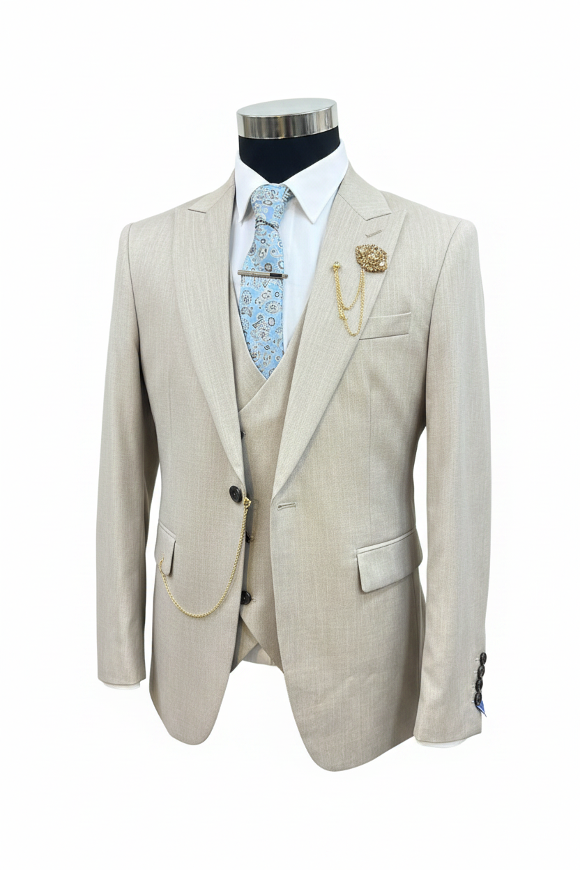 Men's 3-Piece Suit Set – Cream Beige Blazer, Vest & Accessories