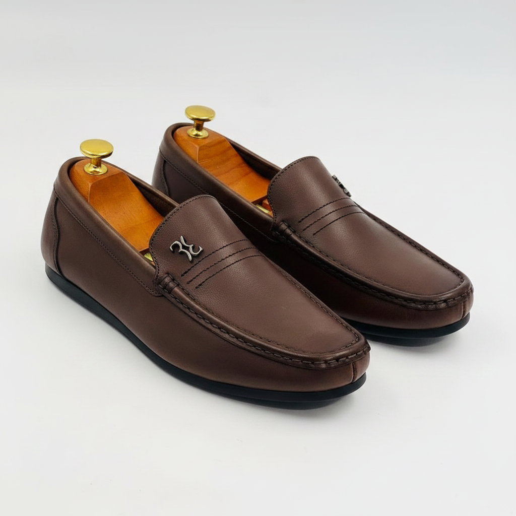 Dark Brown Leather Penny Loafer Dress Shoes with Metal Emblem