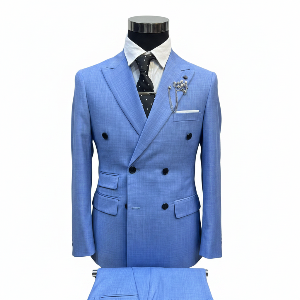 Men's Double-Breasted 2-Piece Suit – Sky Blue (Cotton)