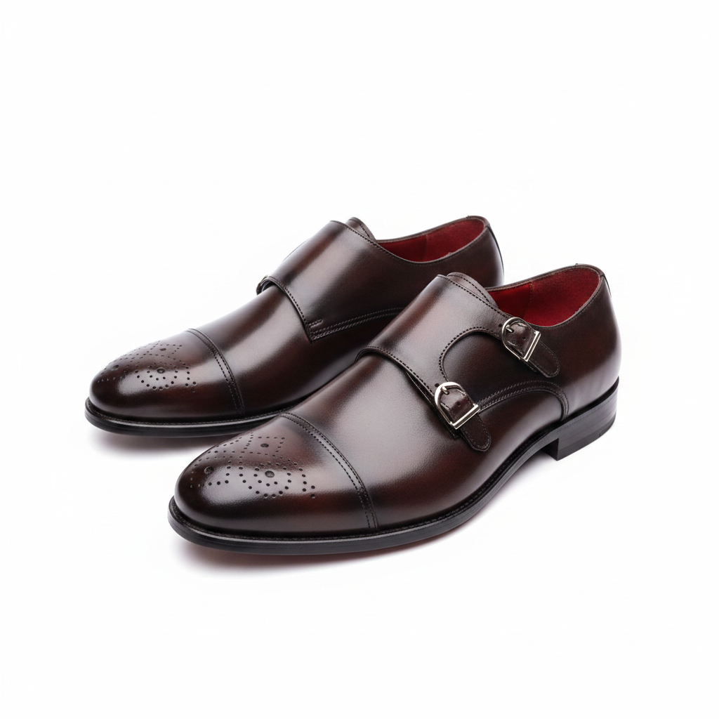 Dark Brown Leather Double Monk Strap Brogue Shoes
