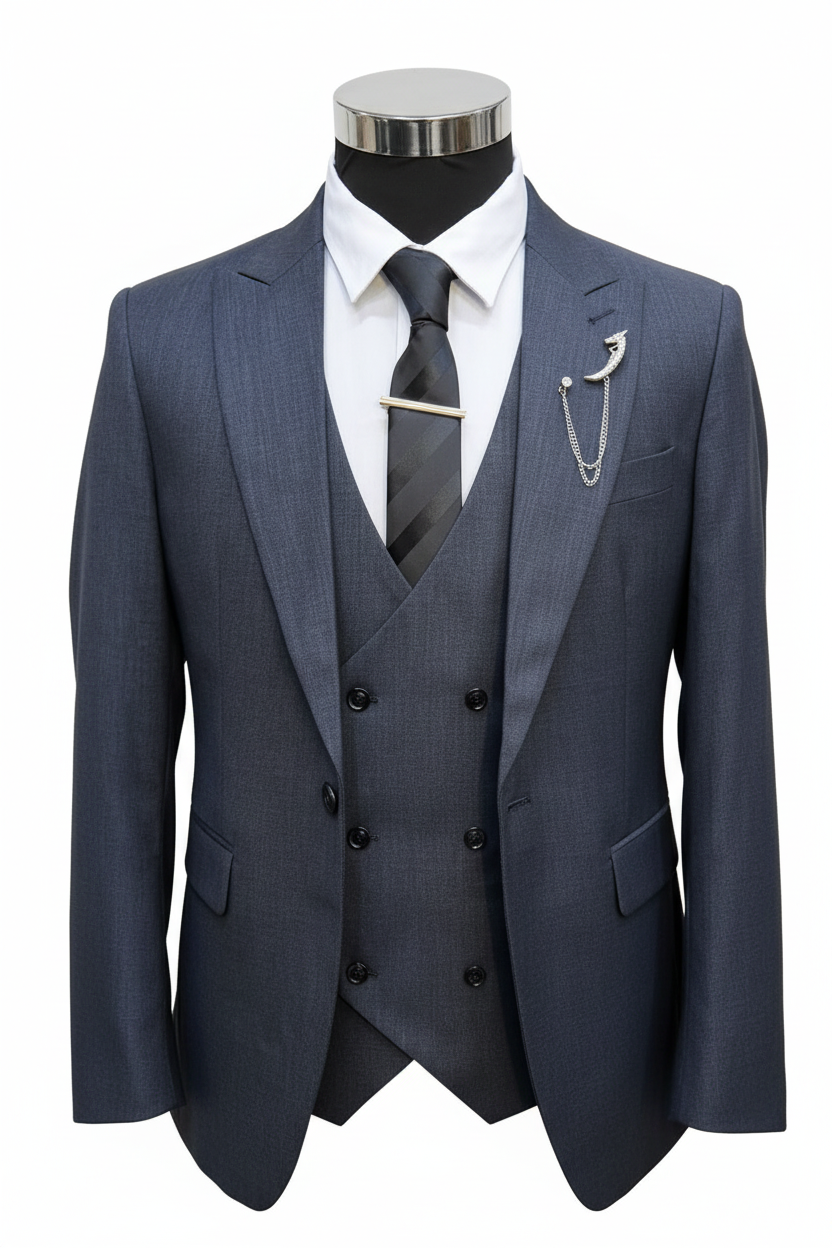Men's 3-Piece Suit Set – Navy Blue Blazer, Charcoal Vest & Accessories