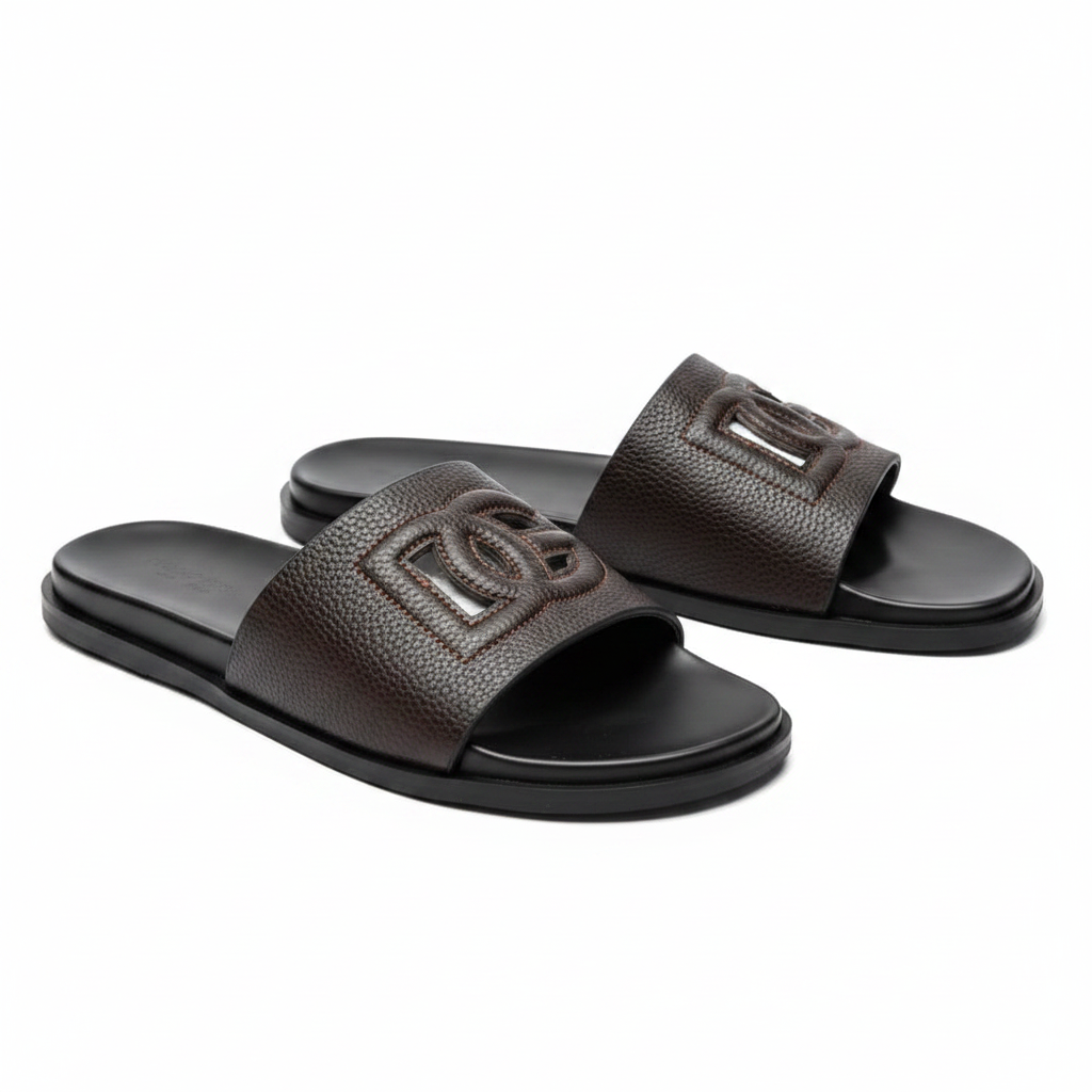 Dark Brown Pebbled Leather Logo Embossed Slide Sandals