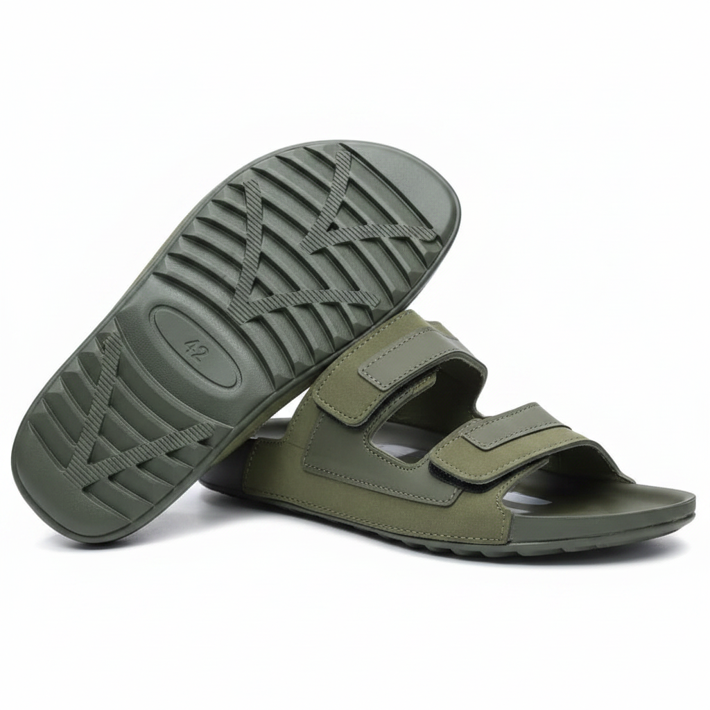 Men's Olive Green Double Velcro Strap Slide Sandals