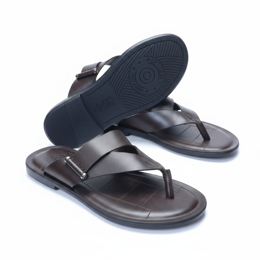 Men's Dark Brown Leather Cross-Strap Thong Sandals