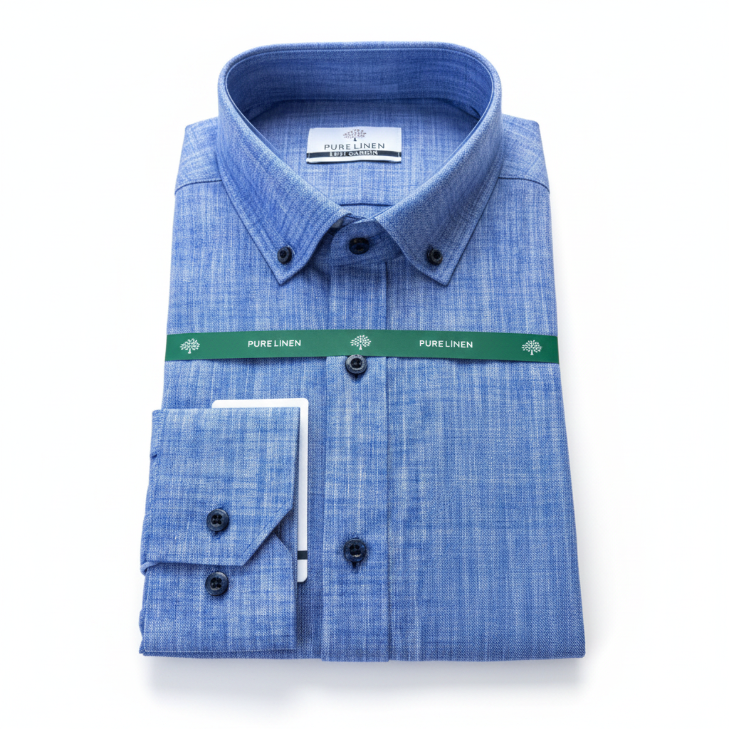 Pure Linen Blue Long Sleeve Button-Down Shirt