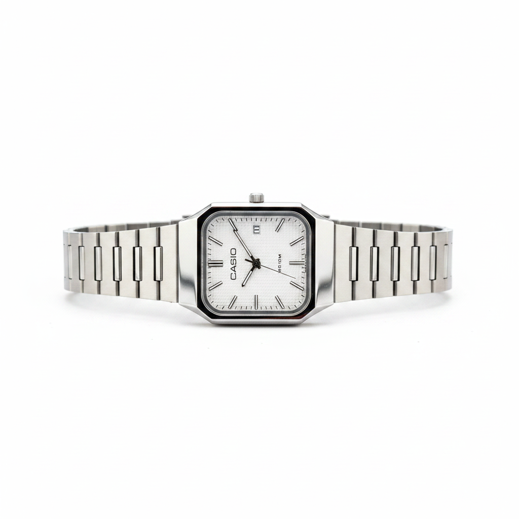 Casio Men's Rectangular Silver Watch White Dial WR 10M