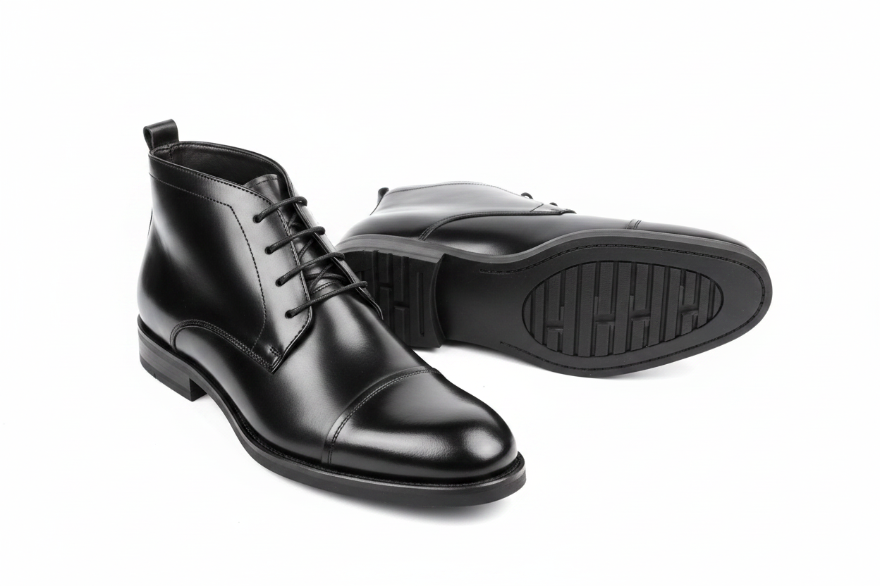 Black Polished Leather Lace-Up Chukka Boots