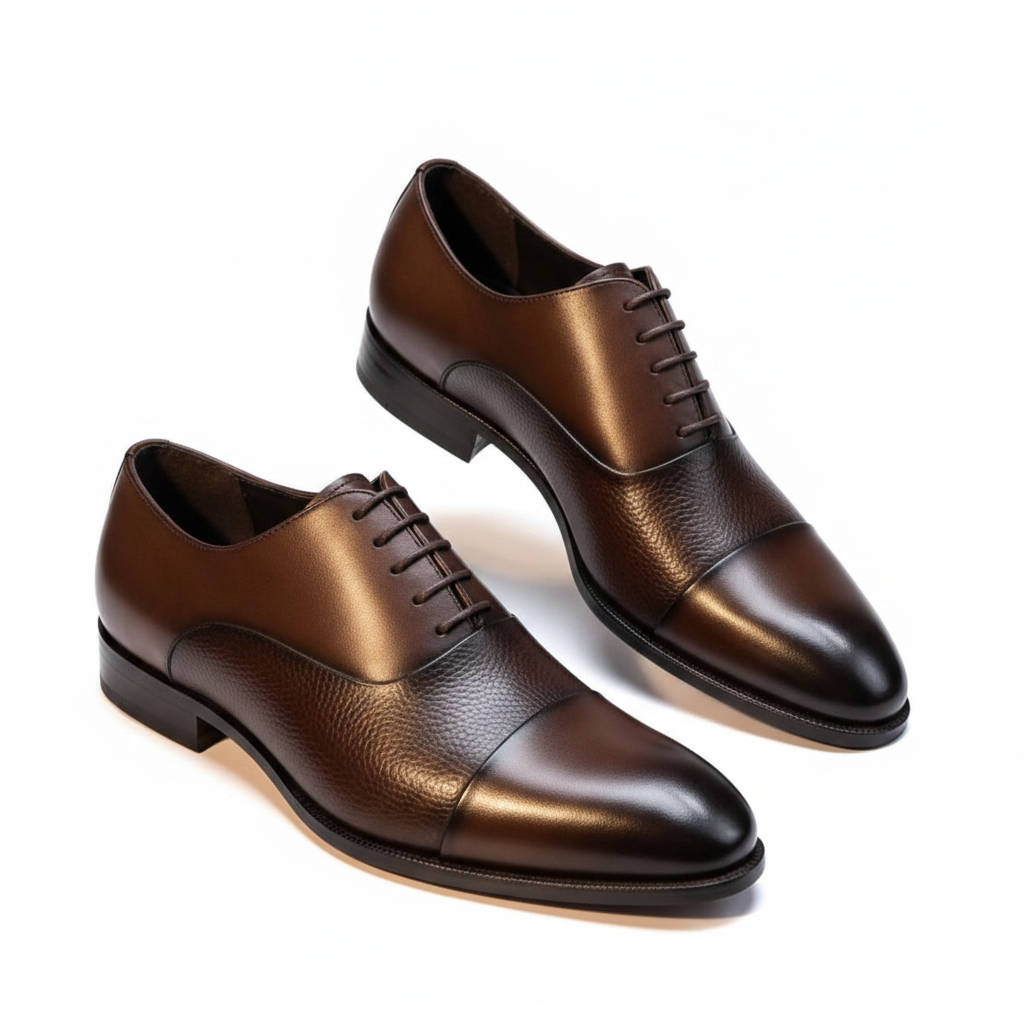 Dark Brown Pebbled Grain Oxford Cap-Toe Dress Shoes