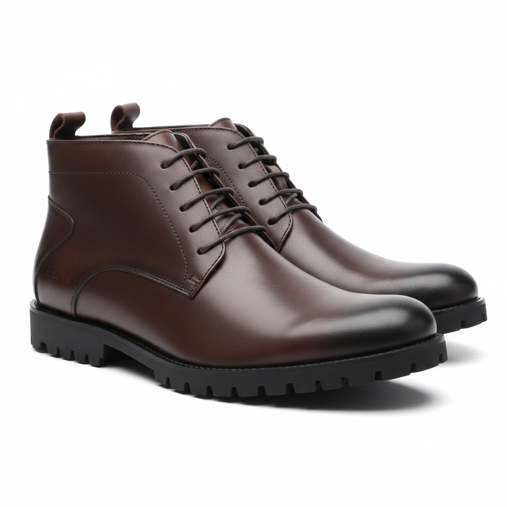 Dark Brown Leather Lace-Up Chukka Boots with Lug Sole